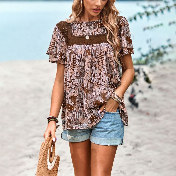 Trendy Floral Boho Vintage O Neck Summer Casual  Blouses & Shirts Top