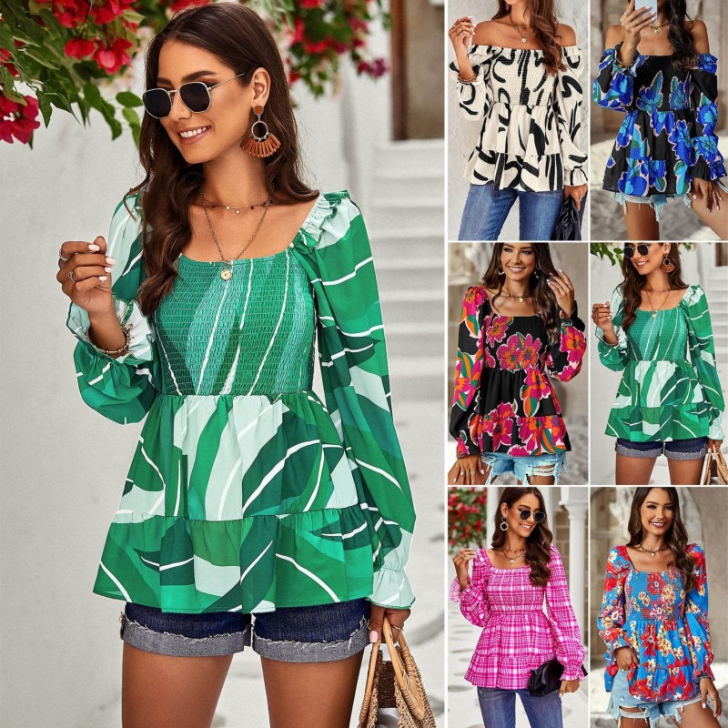 Women's Square Neck Long Sleeve Temperament Casual Printed  Blouses & Shirts
