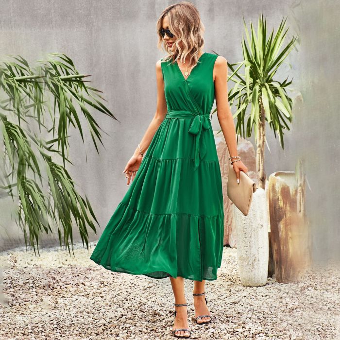 Sleeveless V Neck Casual Party Elegant Fit Solid Color Maxi Dress