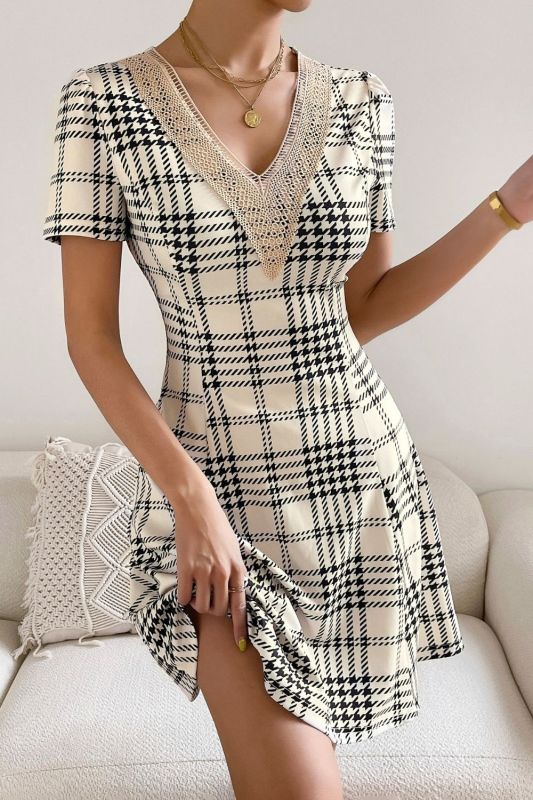 Elegant Lace Stitching Casual Plaid Puff Sleeve A-line Fashion Slim V Neck Dress