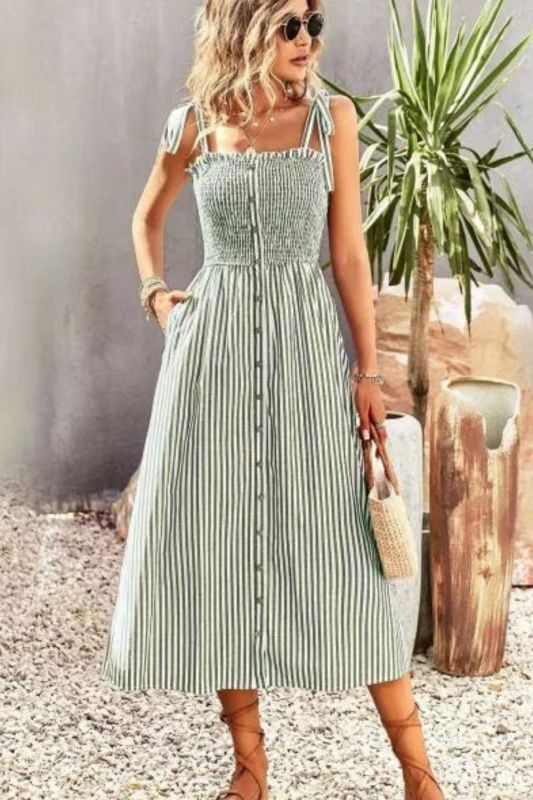 Fashion Sexy Stripe Single Breasted Strap Elegant Sling  Maxi Dress