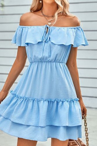 Sexy Off-Shoulder Plain A-Line Ruffled Short-Sleeve Mini Dress