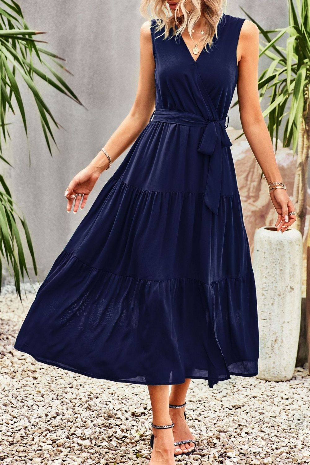 Women Casual V Neck Solid Color Maxi Dress main image 0