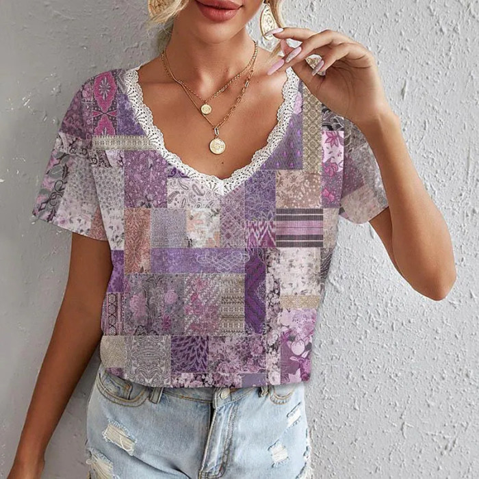 New Lace V-neck Floral Print Short Sleeve T-shirt