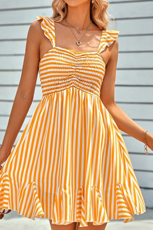 Beach Vacation Off Shoulder Striped Printing Ruffles Sleeveless Mini Dress