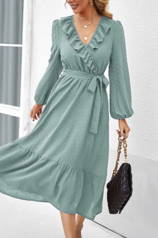 Women Long Sleeve V-neck Ruffle High Waist A-line Casual Midi Dress