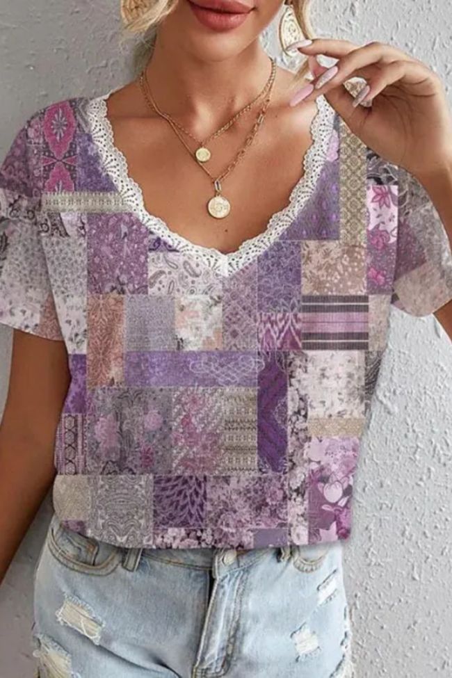 New Lace V-neck Floral Print Short Sleeve T-shirt