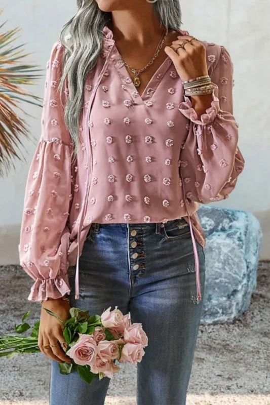 Elegant V-neck Office Lady  Jacquard Long Sleeve Blouse