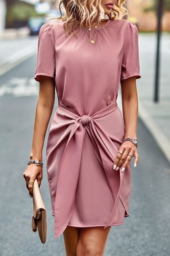 Women's Fashion Round Neck Ruffle Short Sleeve Lace up Sexy Mini Dress