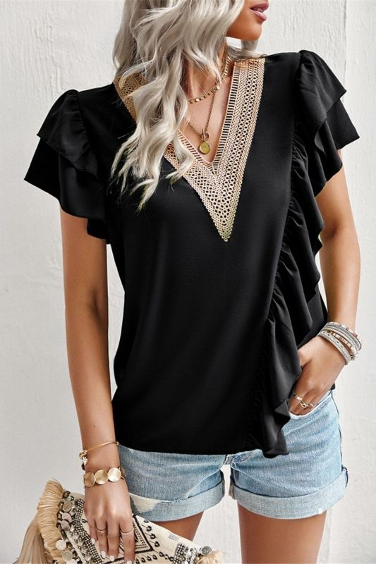 Fashion Solid Color Design Ruffle Lace V Neck Casual Loose  Blouses & Shirts