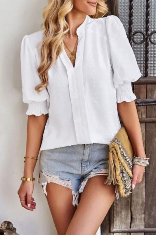 Temperament Women's Fashion Jacquard Top Solid Color V Neck  Blouses & Shirts