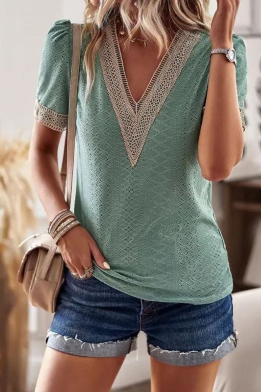 Women's Lace Fashion V Neck Top Solid Color Blouse