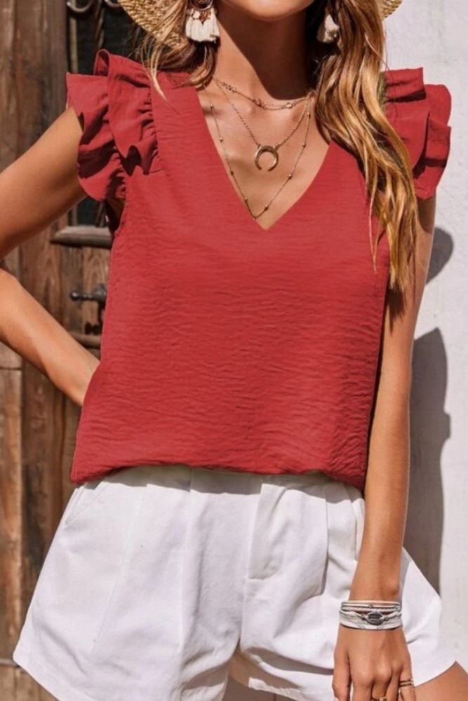 Elegant Fashion Pleated Sleeveless V Neck Loose Solid Color  Blouses & Shirts