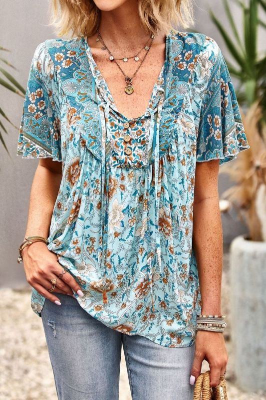 Printed Boho V-Neck Ties Casual Holiday Beach Blouses & Shirts