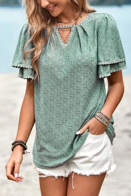 Printed Bohemian Style V Neck Tie Casual Holiday  Blouses & Shirts Top