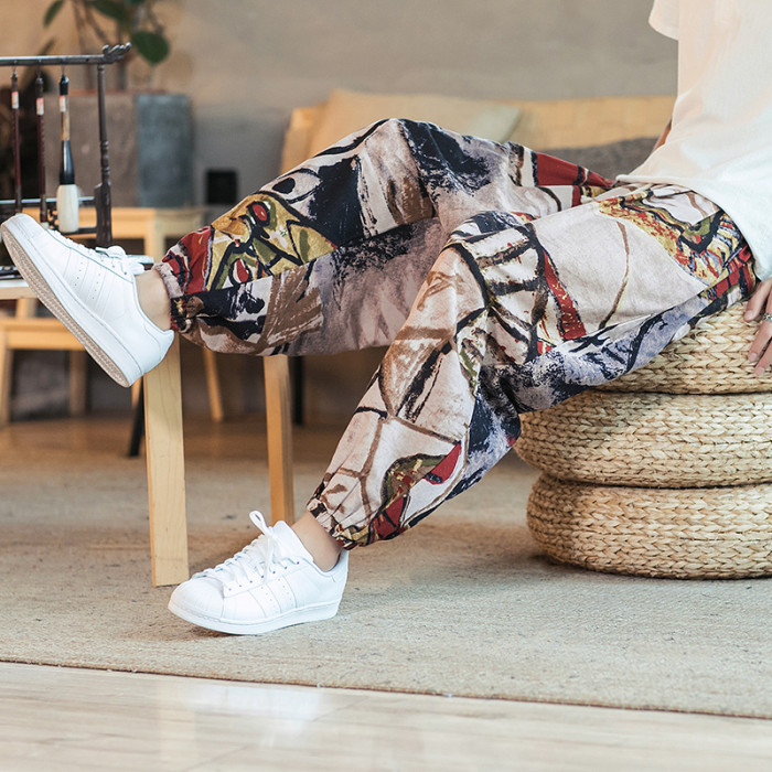 Men's Printed Drawstring Loose Cotton Linen Casual Harem Pants