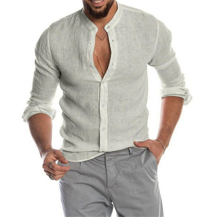 Men's Fashion Casual Solid Color Linen Cotton Top Long Sleeve Shirt