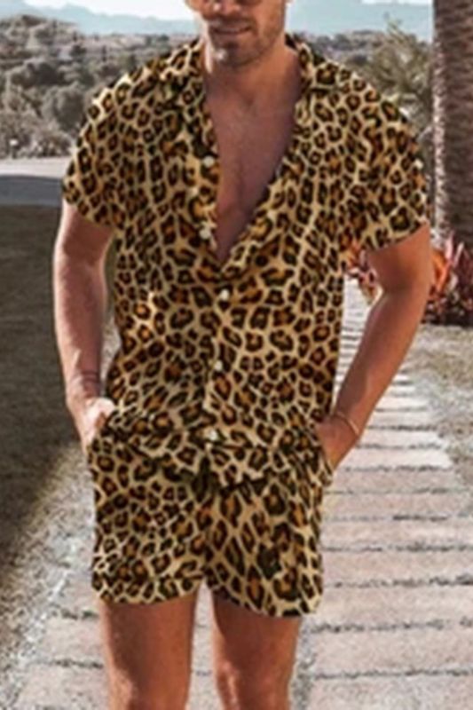 Men's Fashion Leopard Print Short Sleeve Beach Leisure Vacation 2-Piece Set