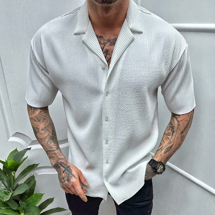 Casual Solid Color Ribbed Men's Fashion Short Sleeve Lapel Shirt