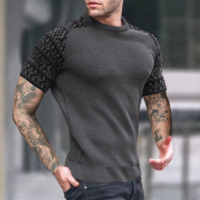 Fashion Printed Knitted Men's Casual Short Sleeve Round Neck T-Shirt