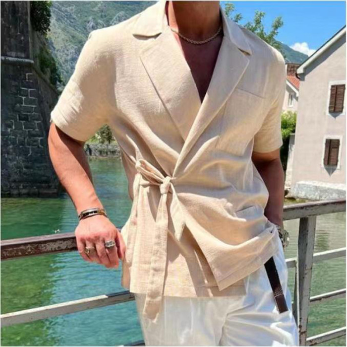 Men's Solid Color Cotton Linen Casual Lace Up Fashion Loose Shirt