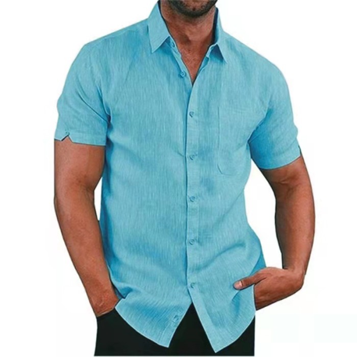 Men Summer Cotton Linen Casual Solid Color Lapel Formal Beach Shirt