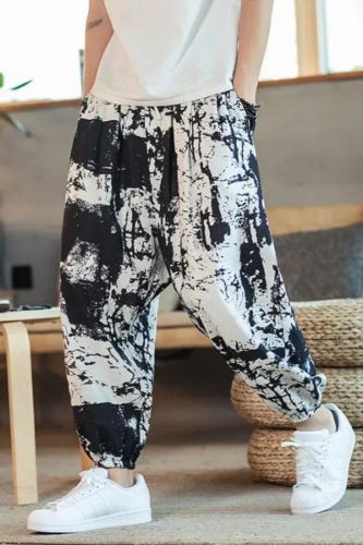 Men's Printed Drawstring Loose Cotton Linen Casual Harem Pants