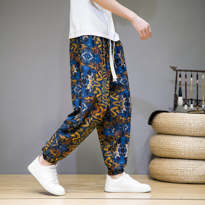 Men's Thin Breathable Cotton Linen Printed Casual Loose Harem Pants