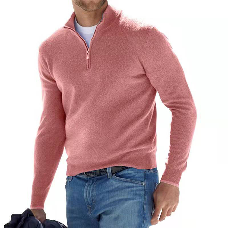 Knit Polo Men's Plain Casual Long Sleeve Zip-Up Shirt