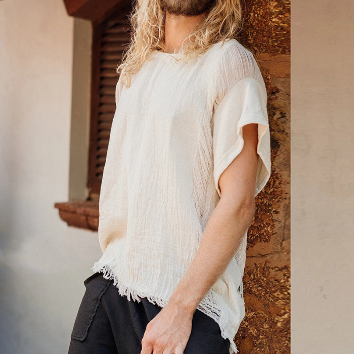 Men's Vintage Ripped Cotton Linen Casual Loose Solid Color T-Shirt