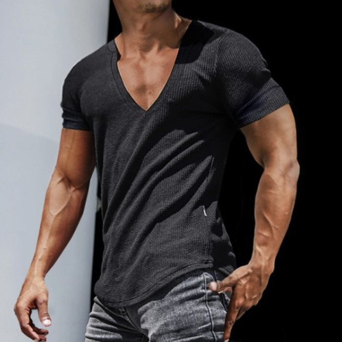 Fashion T-Shirt Men's Casual Solid Color Short Sleeve V Neck Pullover