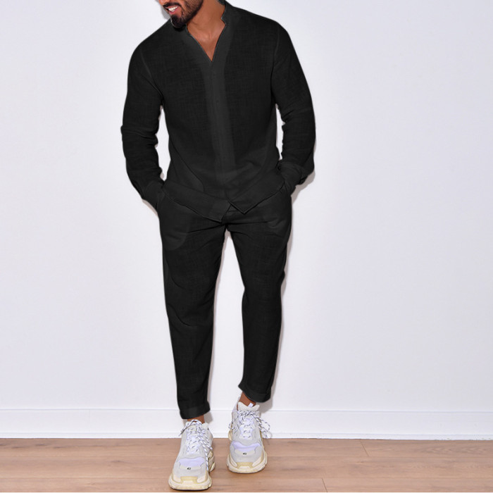 Men's Fashion Solid Color Linen Casual Long Sleeve Cargo Pants Two-Piece Set