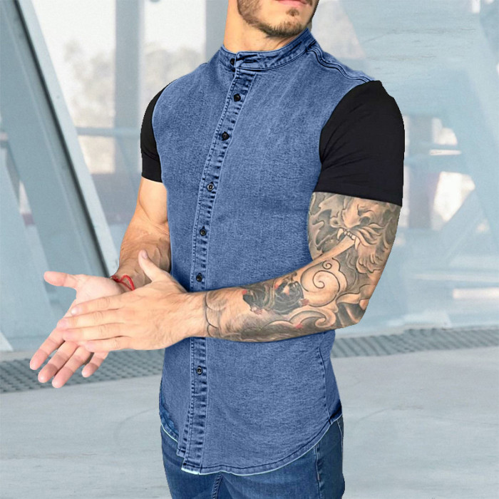 Men's Faux Denim Stitching Short Sleeve Casual Loose T-Shirt Shirt Top