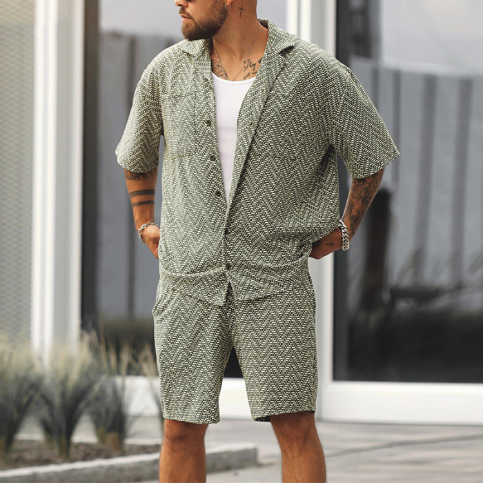 Men's Fashion Loose Geometric Print Shirt Shorts Two-Piece Set