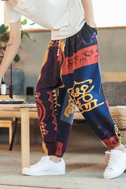 Printed Men's Loose Hip Hop Casual Loose Wide Leg Cotton Linen Pants