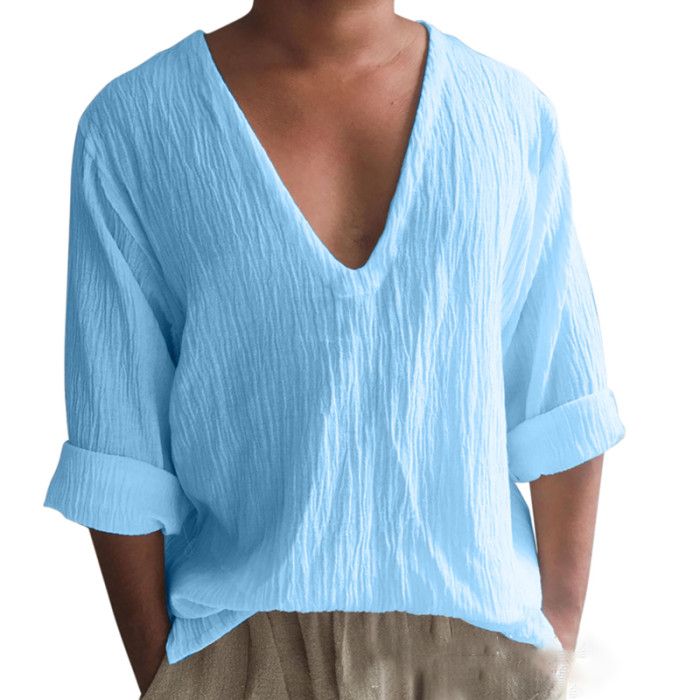 Casual Loose V Neck Linen Solid Color Casual Tops Men's T-Shirts