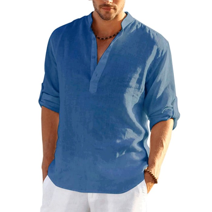 Men's Long Sleeve Solid Color Loose Casual Cotton Top Shirt