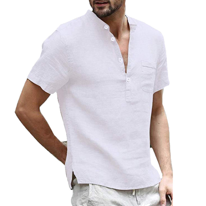 Men's Fashion Cotton Linen Casual Short Sleeve Shirt Tops