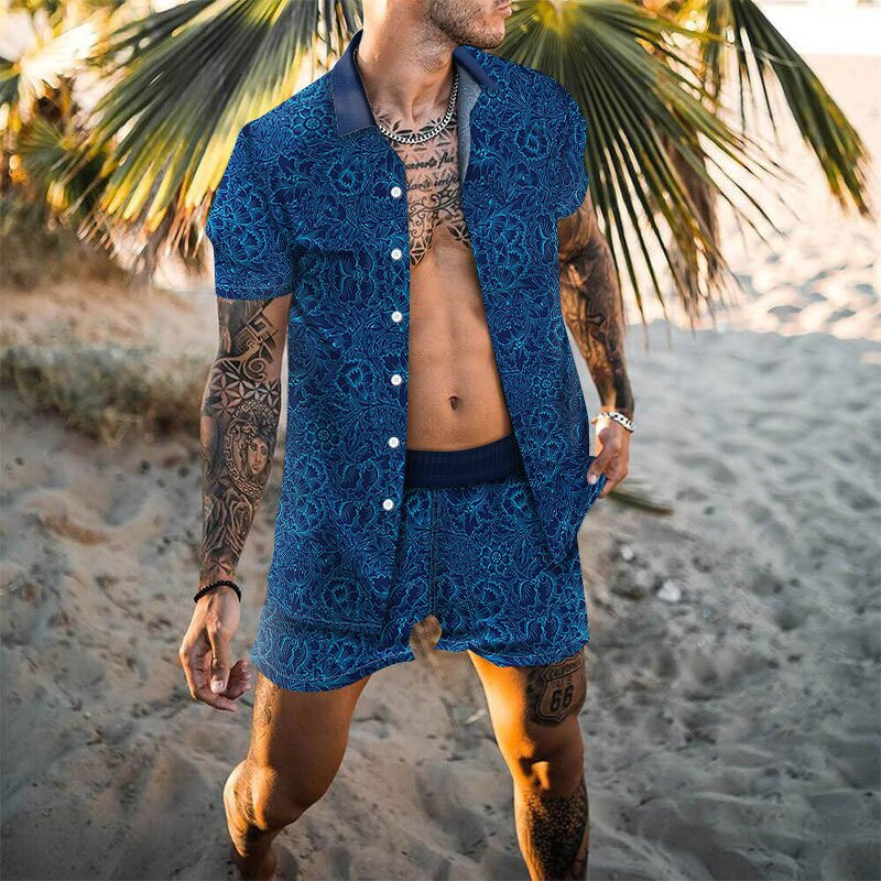 Men's Fashion Leopard Print Short Sleeve Beach Leisure Vacation 2-Piece Set