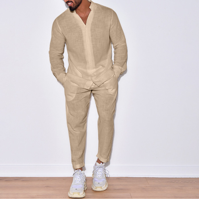 Men's Fashion Solid Color Linen Casual Long Sleeve Cargo Pants Two-Piece Set