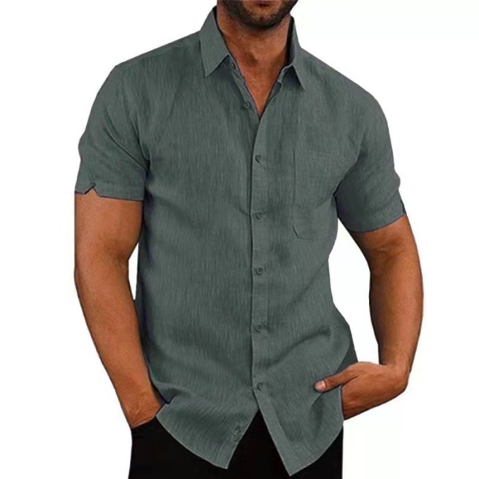 Men Summer Cotton Linen Casual Solid Color Lapel Formal Beach Shirt