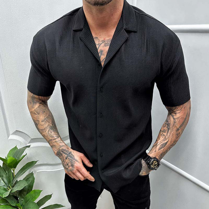 Casual Solid Color Ribbed Men's Fashion Short Sleeve Lapel Shirt