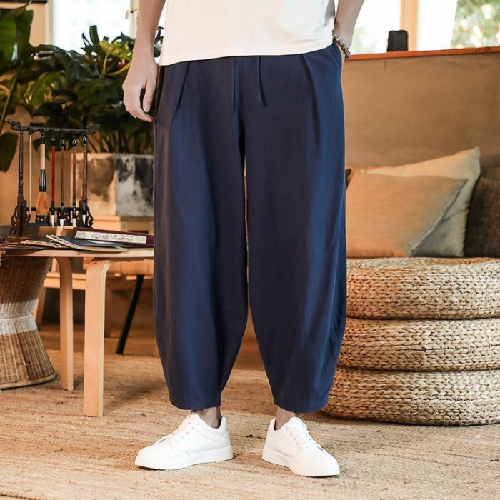 Men's Cotton Linen Loose Breathable Solid Color Street Trousers