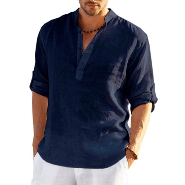 Men's Long Sleeve Solid Color Loose Casual Cotton Top Shirt