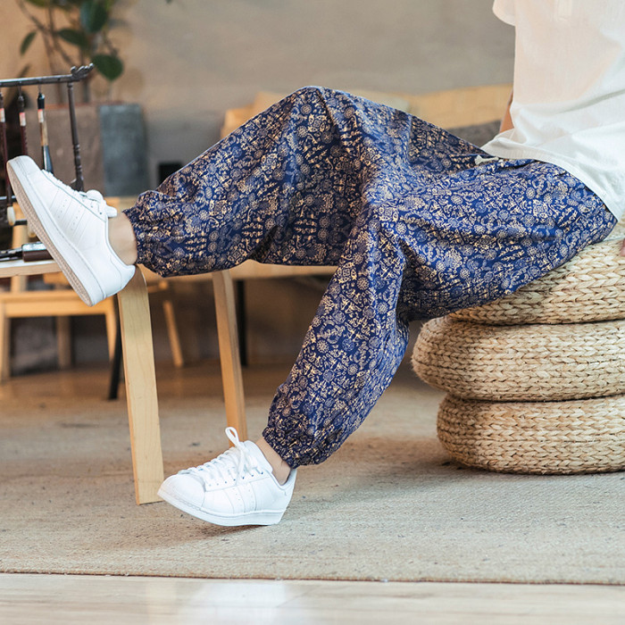 Men's Printed Drawstring Loose Cotton Linen Casual Harem Pants