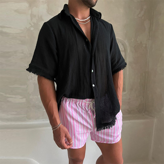 Summer Fashion Casual Solid Color Lapel Top Vintage Linen Shirt