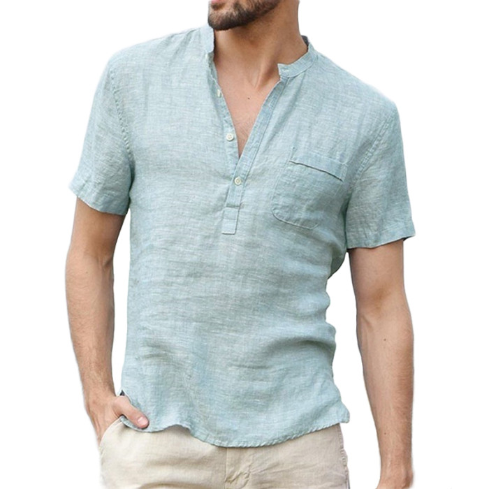 Men's Fashion Cotton Linen Casual Short Sleeve Shirt Tops