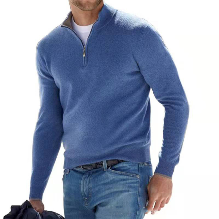 Knit Polo Men's Plain Casual Long Sleeve Zip-Up Shirt