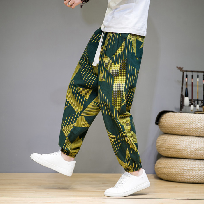 Men's Thin Breathable Cotton Linen Printed Casual Loose Harem Pants
