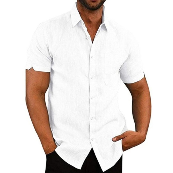 Men Summer Cotton Linen Casual Solid Color Lapel Formal Beach Shirt